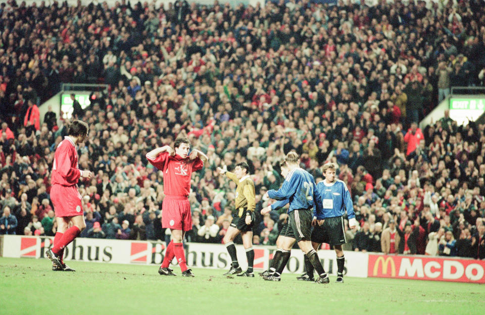 Liverpool v SK Brann Bergen, European Cup Winners Cup Quarterfinal 2nd leg match at Anfield, 20th March 1997. Liverpool striker, Robbie Fowler, displays t shirt in support of Liverpool Dockers' Strike. Final Score, Liverpool. (Photo by Andrew Teebay/Mirrorpix/Getty Images)