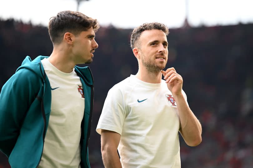 Pedro Neto and Diogo Jota of Portugal inspect the pitch prior to the UEFA EURO 2024 group stage match between Turkiye and Portugal at Football Stadium Dortmund