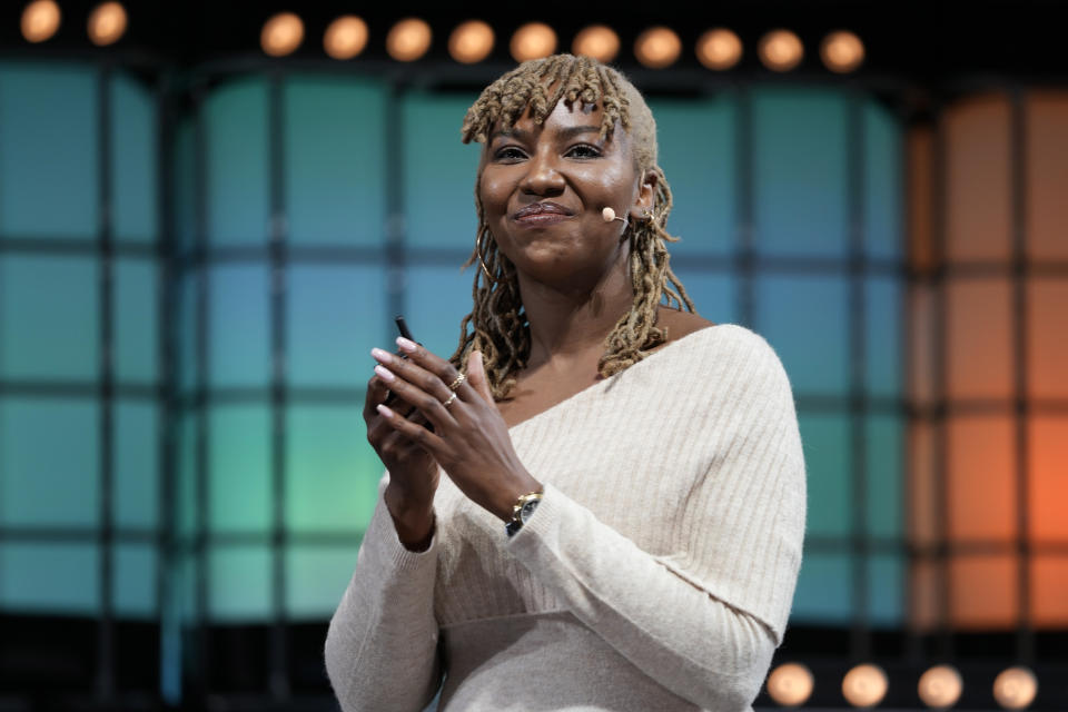 Ayo Tometi, formerly known as Opal Tometi, co-founder of Black Lives Matter, speaks at the Web Summit technology conference in Lisbon, Nov. 1, 2021. The Black Lives Matter movement hits a milestone on Thursday, July 13, 2023, marking 10 years since its 2013 founding in response to the acquittal of the man who fatally shot 17-year-old Trayvon Martin. BLM co-founders Tometi, Patrisse Cullors and Alicia Garza — the three activists are credited with using the phrase as an affirmation and an organizing strategy — initially pledged to build a decentralized organization governed by the consensus. (AP Photo/Armando Franca, File)