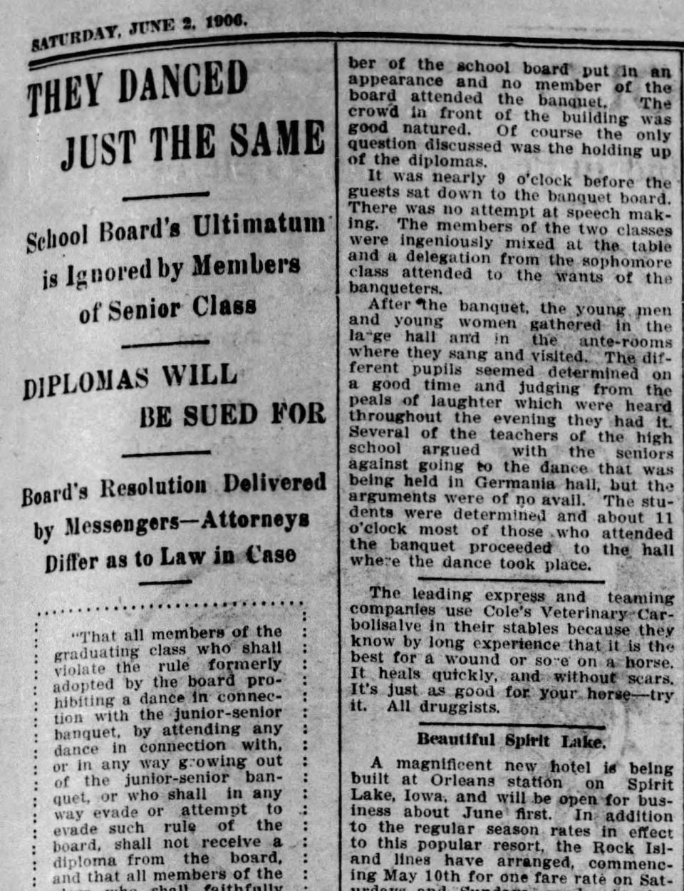 The headline and partial story from the June 2, 1906 Argus Leader.