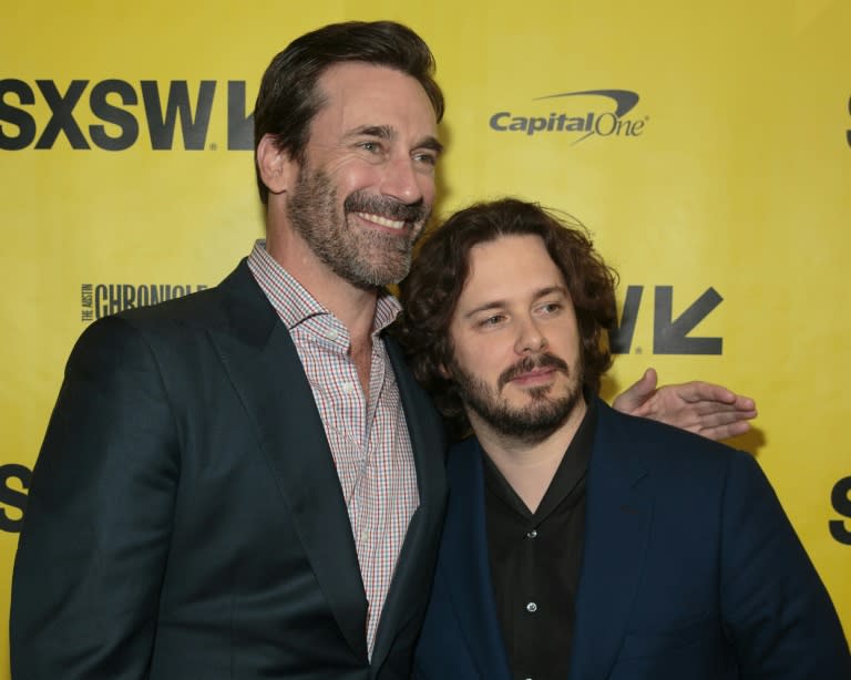 Actor Jon Hamm (L) and director Edgar Wright attend the red carpet for the premiere of the film 'Baby Driver' during The South by Southwest (SXSW) Film Festival in Austin, Texas, on March 11, 2017