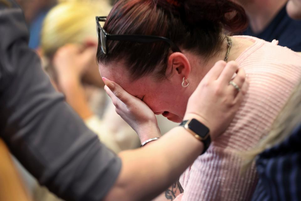 Crystal Sorey, Harmony Montgomery's biological mother, cries as she listens to the prosecution's closing argument in Adam Montgomery's trial, Wednesday, Feb. 21, 2024, in Manchester, N.H. Montgomery is accused of killing his 5-year-old daughter Harmony. (Jim Davis/The Boston Globe via AP, Pool)