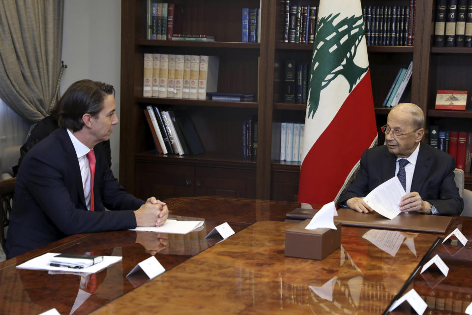 In this photo released by Lebanon's official government photographer Dalati Nohra, Lebanese president Michel Aoun, right, meets with U.S. Envoy for Energy Affairs Amos Hochstein, at the presidential palace, in Beirut, Lebanon, Friday, Sept. 9, 2022. Hochstein mediating between Lebanon and Israel over the two neighbors disputed maritime border said Friday he is hopeful that an agreement can be reached between the two nations. (Dalati Nohra via AP)