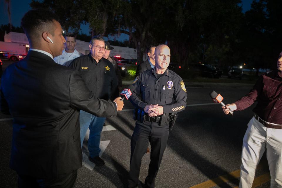 Ocala Police Chief Mike Balken holds a press conference Saturday night outside the Paddock Mall.