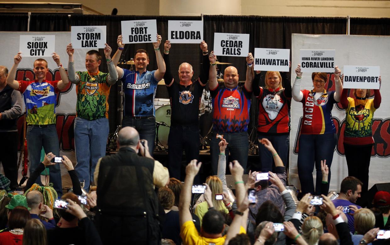 RAGBRAI overnight towns are revealed during the Ragbrai Route Announcement Party at the Iowa Events Center in Des Moines in 2015.