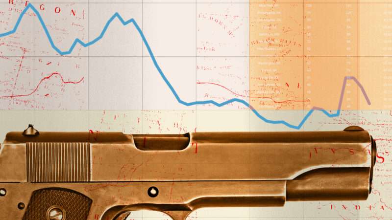 A gun is seen in front of a graph showing the declining murder rate