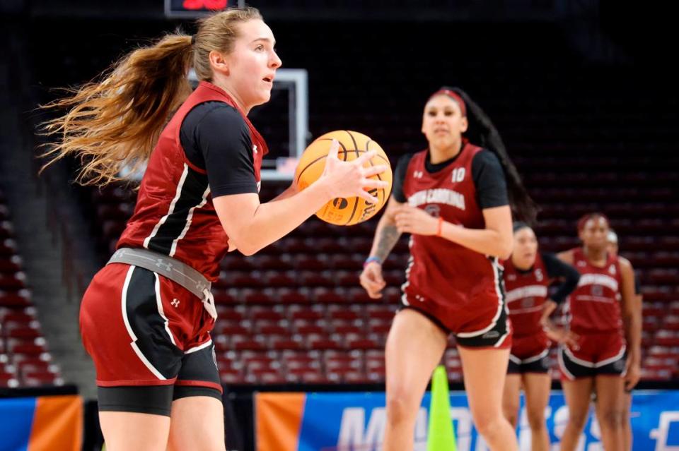 South Carolina’s Olivia Thompson 0 practices before the NCAA Tournament at Colonial Life Arena on Thursday, March 16, 2023.