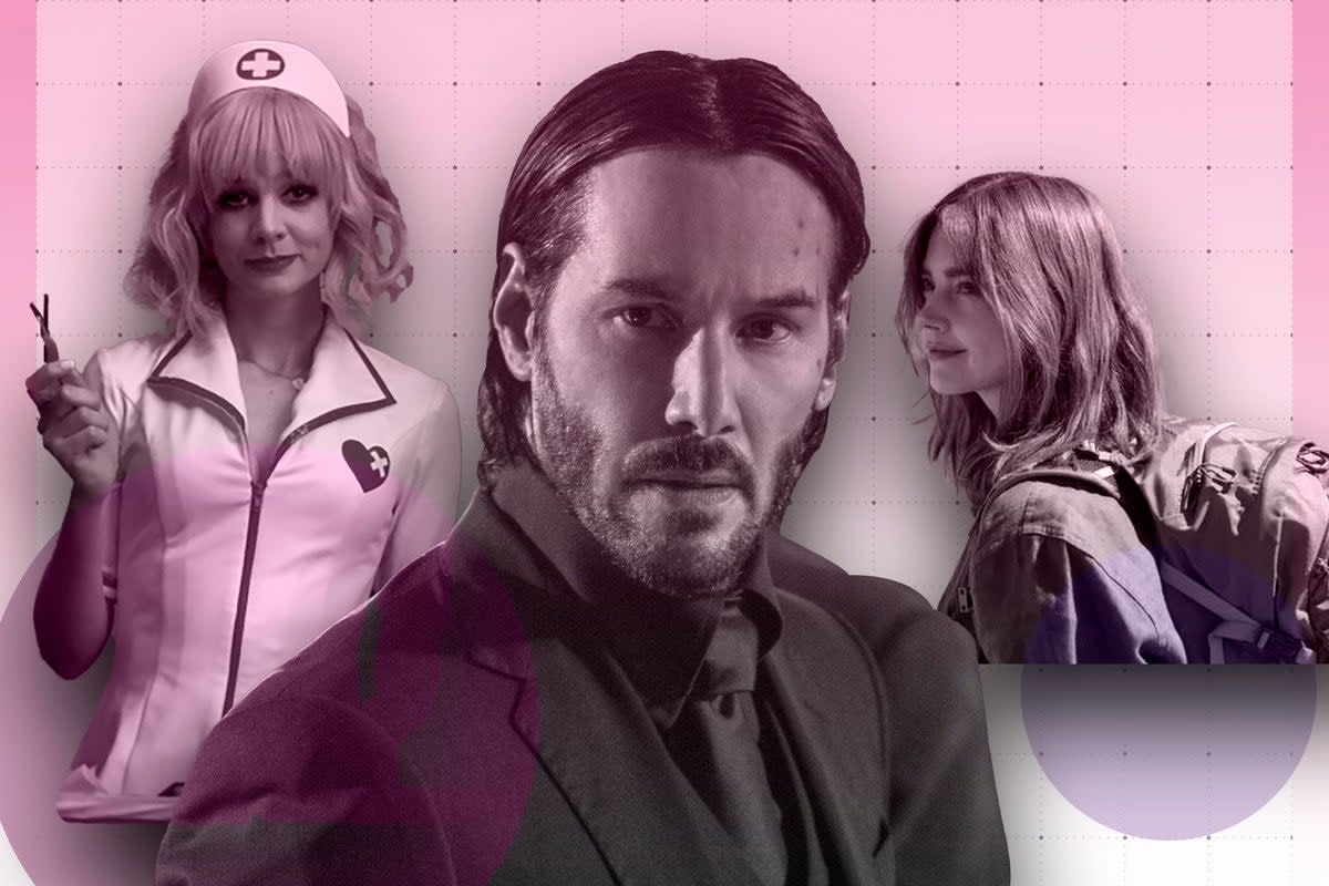 Revenge tales: Carey Mulligan in ‘Promising Young Woman’, Keanu Reeves as John Wick, and Jenna Coleman in ‘Wilderness’  (AP/Prime Video)