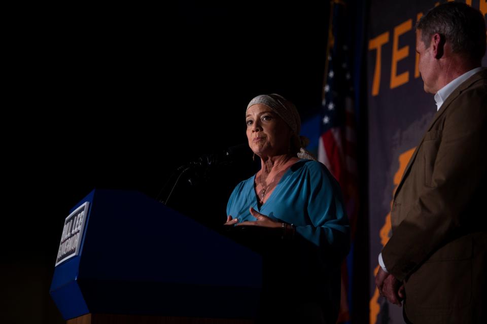 Tennessee First Lady, Maria Lee, speaks while standing next to her husband, Gov. Bill Lee during his watch party at Cool Springs Hilton  in Franklin , Tenn., Tuesday, Nov. 8, 2022.