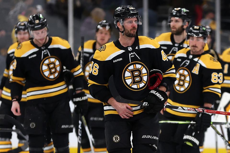 BOSTON, MASSACHUSETTS - APRIL 30: David Krejci #46 of the Boston Bruins reacts after Florida Panthers defeat the Bruins 4-3 in overtime of Game Seven of the First Round of the 2023 Stanley Cup Playoffs at TD Garden on April 30, 2023 in Boston, Massachusetts. (Photo by Maddie Meyer/Getty Images)