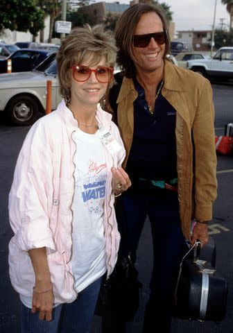 <p>Bob Riha, Jr./Getty </p> Peter Fonda and Jane Fonda prepare to board a Greyhound Bus for road trip to San Francisco with other actors to rally Voters to Vote on September 27, 1986 in Los Angeles, California.