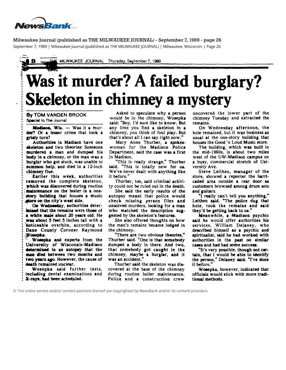 A Sept. 7, 1989 Milwaukee Journal article on the remains found in a Madison building's chimney.