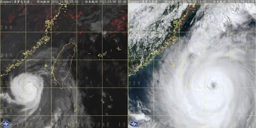 氣象粉專貼出颱風登陸前後的對比圖，發現其外圍雲系規模「消風」許多。（圖／翻攝自「台灣颱風論壇｜天氣特急」臉書）