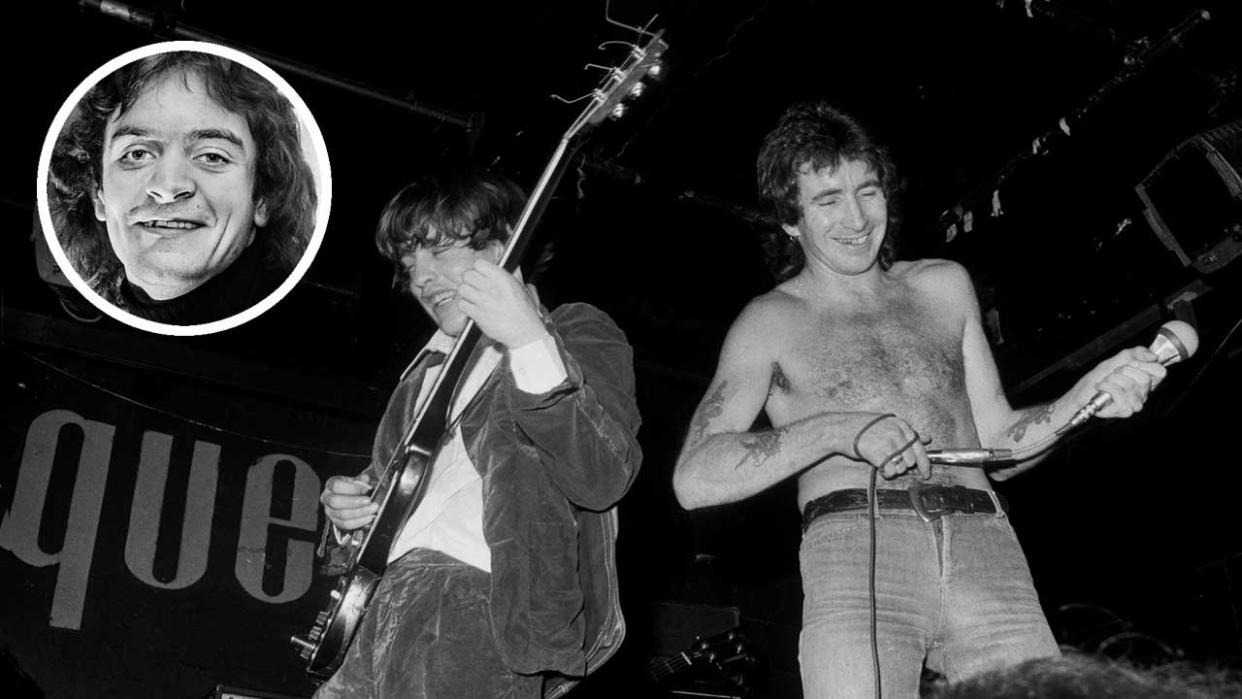  AC/DC onstage in 1976, plus inset headshot of Terry Slesser. 