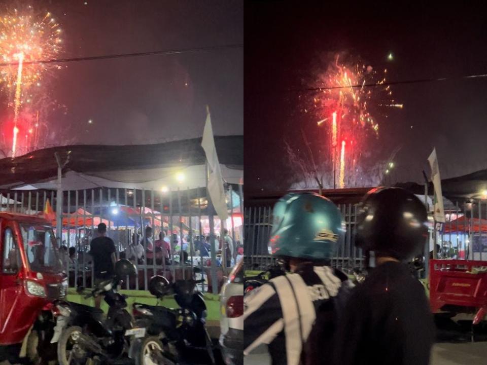 A national day celebration with fireworks in the background