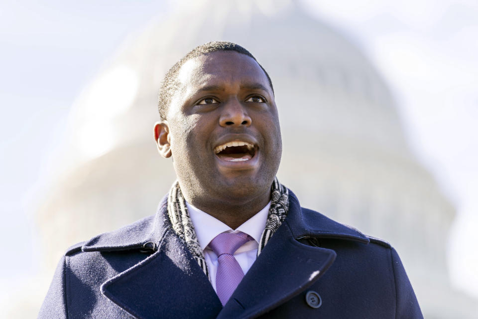 FILE - Rep. Mondaire Jones, D-N.Y., speaks at a news conference on Capitol Hill in Washington, Feb. 4, 2021. Jones announced Wednesday, July 5, 2023, that he is seeking to win back the suburban New York congressional seat. (AP Photo/Andrew Harnik, File)
