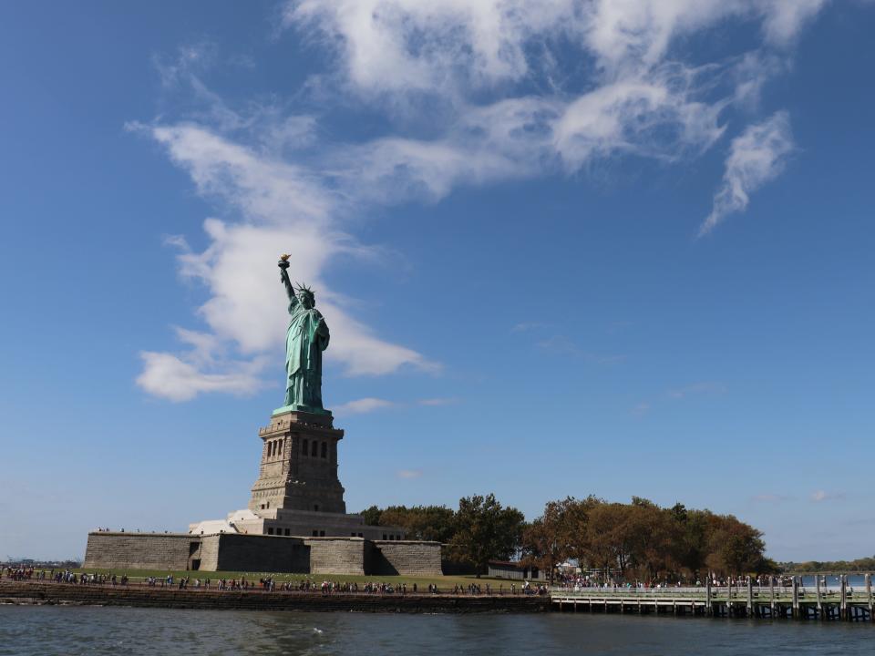 statue of liberty with water and the sky surrounding it