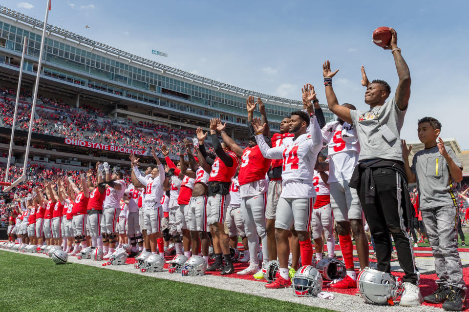 COLUMBUS, OH - APRIL 13: Ohio State Buckeyes wide receiver K.J. Hill Jr. (14) and the entire Ohio State Buckeyes team after the Ohio State Life Sports Spring Game presented by Nationwide at Ohio Stadium in Columbus, Ohio on April 13th, 2019. (Photo by Adam Lacy/Icon Sportswire via Getty Images)