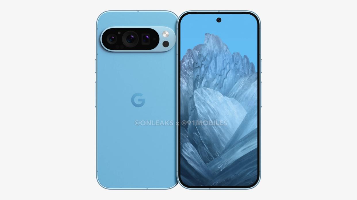  A leaked render of the Google Pixel 9 in a blue colorway. 