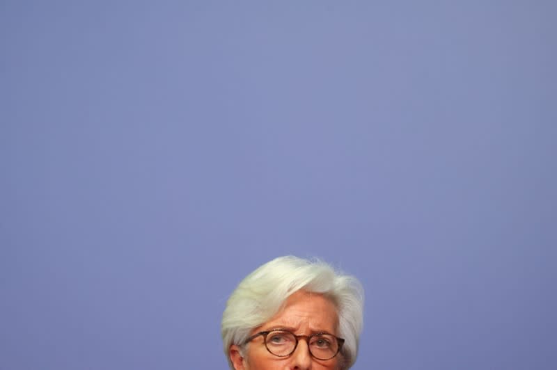 FILE PHOTO: European Central Bank (ECB) President Christine Lagarde looks on during a news conference on the outcome of the meeting of the Governing Council, in Frankfurt