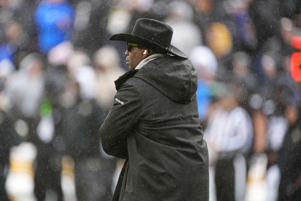 Colorado head coach Deion Sanders looks on during the first half of the team's spring NCAA college football game Saturday, April 27, 2024, in Boulder, Colo. (AP Photo/David Zalubowski)
