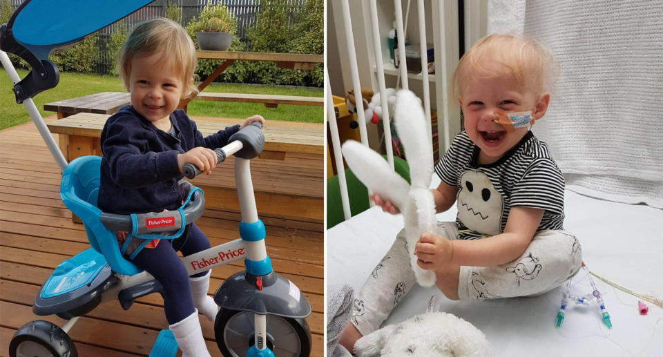 Eleanor prior to diagnosis on Christmas Day 2017 (left) and in hospital in 2018 (right).