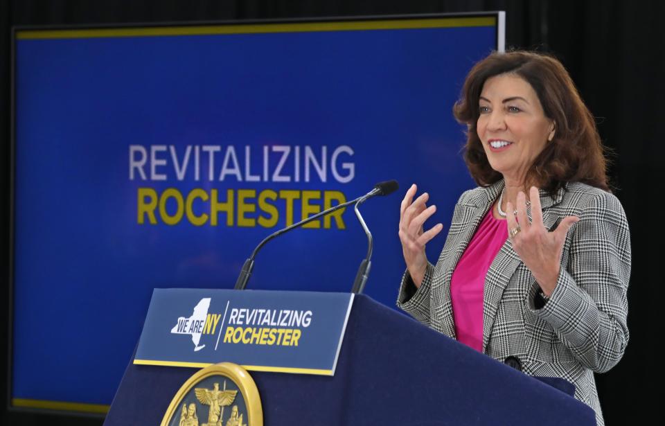 Governor Kathy Hochul announces five projects what will be part of plans to revitalize Downtown Rochester during press conference at the Riverside Convention Center Monday, Dec. 5, 2022.