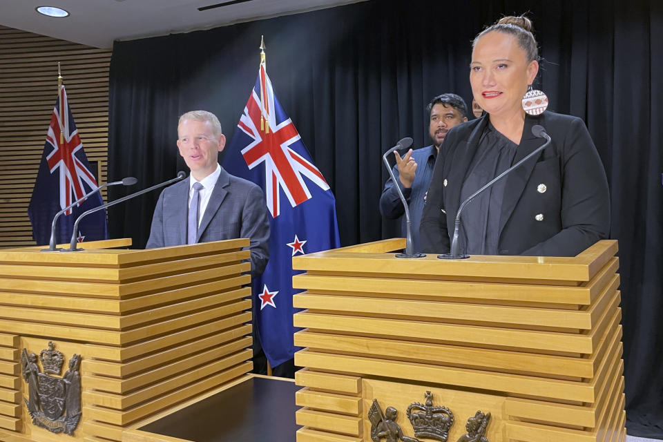 Chris Hipkins, left, and Carmel Sepuloni hold a press conference at Parliament in Wellington, Sunday, Jan. 22, 2023. Hipkins was confirmed Sunday as New Zealand's next prime minister and he chose Sepuloni as his deputy, marking the first time a person with Pacific Island heritage has risen to that rank.(AP Photo/Nick Perry)