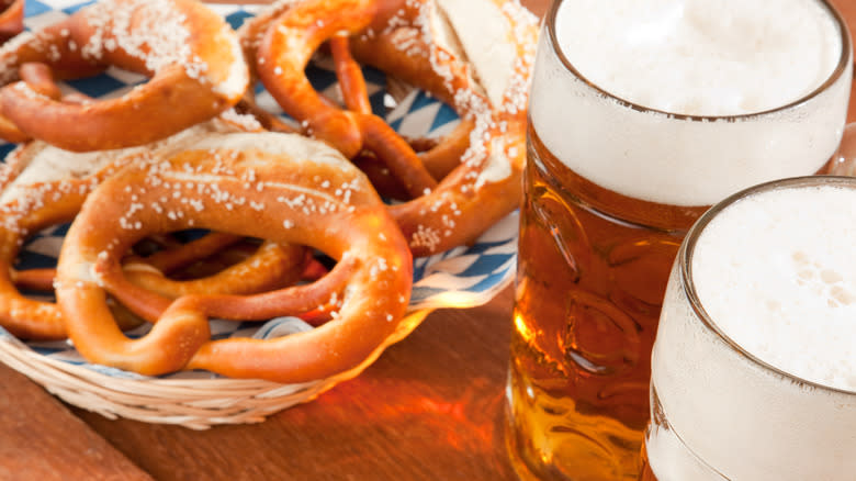 beer and salted pretzels