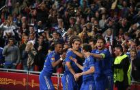 Chelsea's Branislav Ivanovic celebrates scoring the winning goal with his team-mates