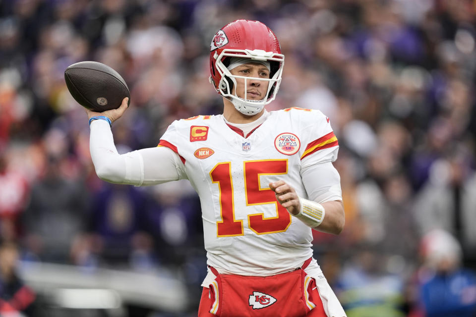 Kansas City Chiefs quarterback Patrick Mahomes (15) works in the pocket against the Baltimore Ravens during the first half of an AFC Championship NFL football game, Sunday, Jan. 28, 2024, in Baltimore. (AP Photo/Alex Brandon)