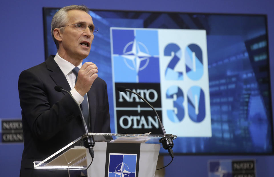 NATO Secretary General Jens Stoltenberg speaks during a media conference ahead of a NATO defense minister's meeting at NATO headquarters in Brussels, Monday, Feb. 15, 2021. (Olivier Hoslet, Pool via AP)