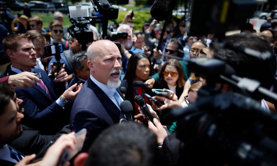 House Freedom Caucus member Chip Roy is surrounded by reporters after announcing he will oppose a deal to raise the debt limit