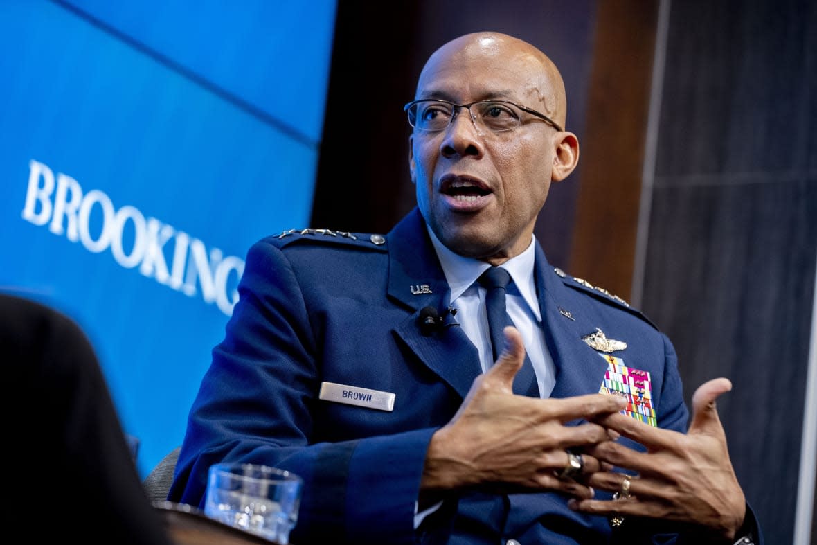 FILE – Air Force Chief of Staff Gen. CQ Brown, Jr. speaks about U.S. defense strategy at the Brookings Institution in Washington, Monday, Feb. 13, 2023. President Joe Biden is expected to nominate a history-making Air Force fighter pilot general with years of experience in shaping U.S. defenses to meet China’s rise to serve as the nation’s next top military officer, according to two people familiar with the decision. If confirmed by the Senate, Brown would replace the current chairman of the Joint Chiefs of Staff, Army Gen. Mark Milley, whose term ends in October. (AP Photo/Andrew Harnik, File)