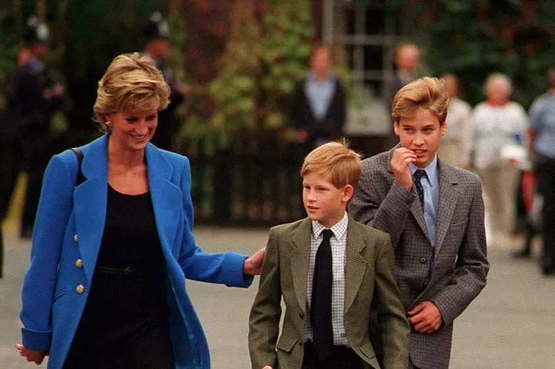 Prince William arrives with Diana, Princess of Wales and Prince Harry for his first day at Eton College  on   September 16, 1995 in Windsor, England.