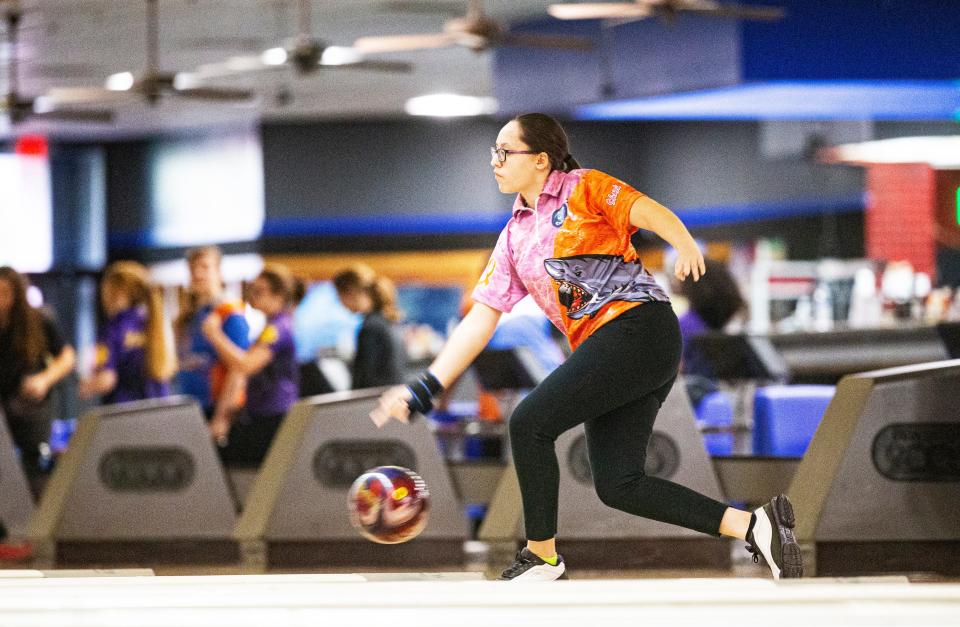 Oasis High School bowler, Lexi Lenius competes in the LCAC Girls Bowling Championships at Lightning Strikes Bowling Alley in Fort Myers on Tuesday, Oct. 24, 2023. She won individual honors.