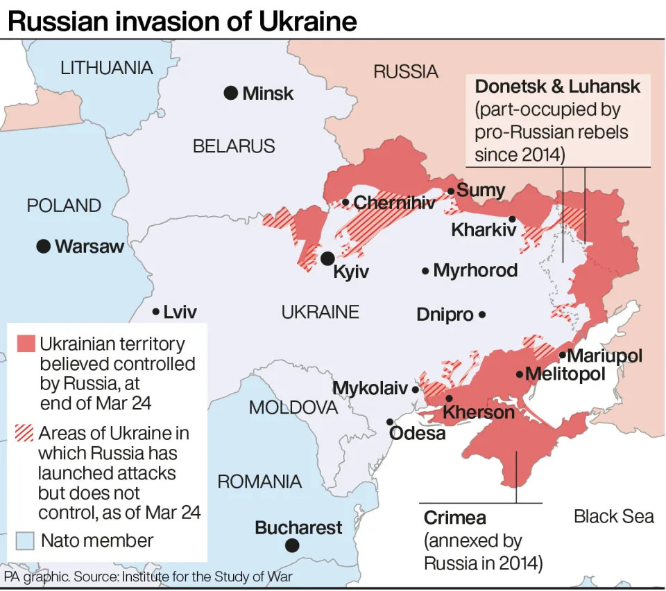 Russian invasion of Ukraine - territory believed to be controlled by Russia. (PA)