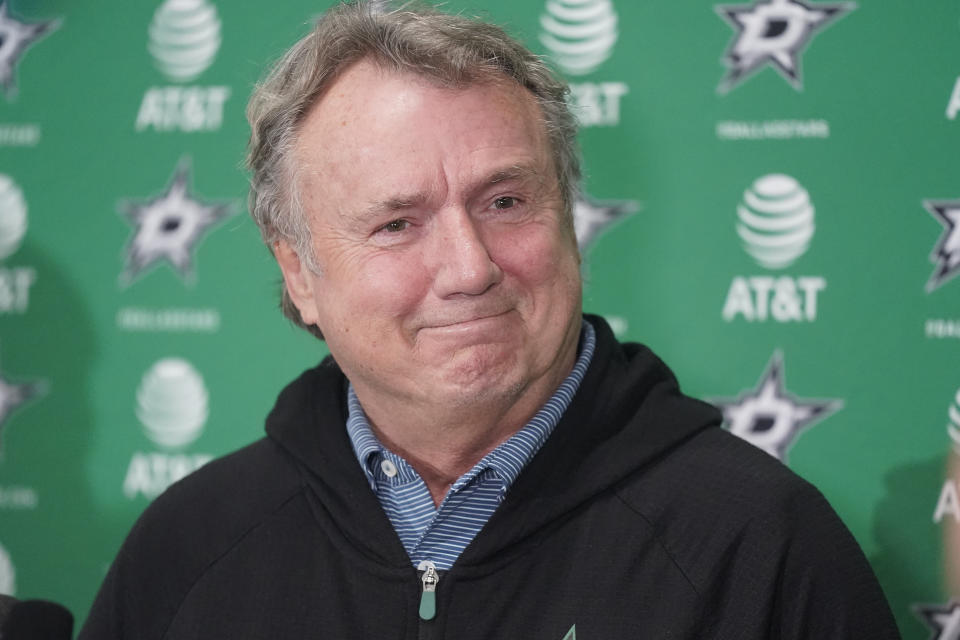 Dallas Stars NHL hockey team head coach Rick Bowness smiles while speaking to reporters during a season-ending media availability at the team's headquarters in Frisco, Texas, Tuesday, May 17, 2022. (AP Photo/LM Otero)