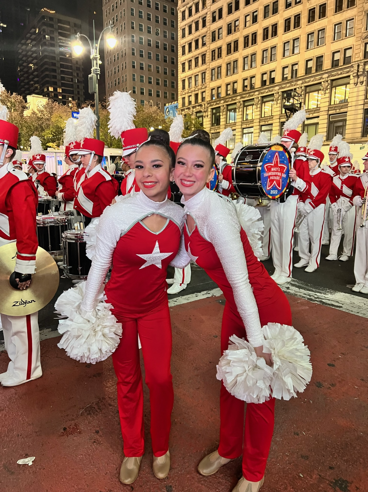 Flagler-Palm Coast High School Starlets dancers Olivia Decruz and Abby Perez-Ramirez practice at 4 on the morning of the 2022 Macy's Thanksgiving Day Parade in New York City.