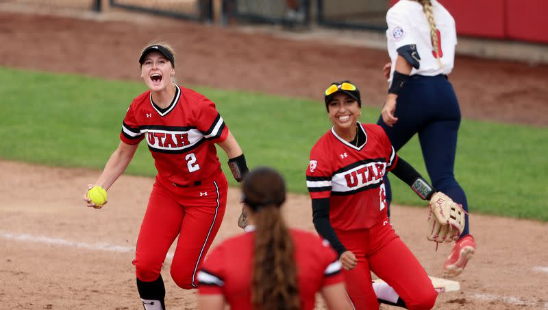 Utah players celebrate as they defeat Ole Miss in NCAA softball regional championship at Utah in Salt Lake City on Sunday, May 21, 2023. Utah won 4-1.