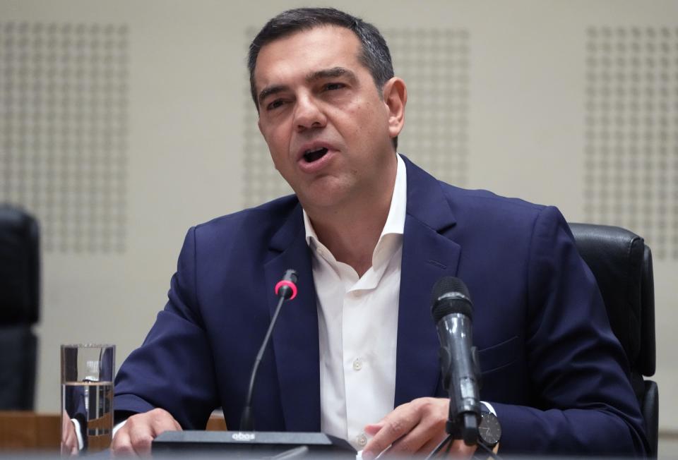 Opposition leader Alexis Tsipras, head of the left-wing Syriza party speaks at Zappeio Conference Hall in Athens, Greece, Thursday, June 29, 2023. Tsipras has announced his decision to step down after a crushing election defeat. The 48 year-old politician served as Greece's prime minister from 2015 to 2019 during politically tumultuous years as the country struggled to remain in the euro zone and end a series of international bailouts. (AP Photo/Petros Giannakouris)