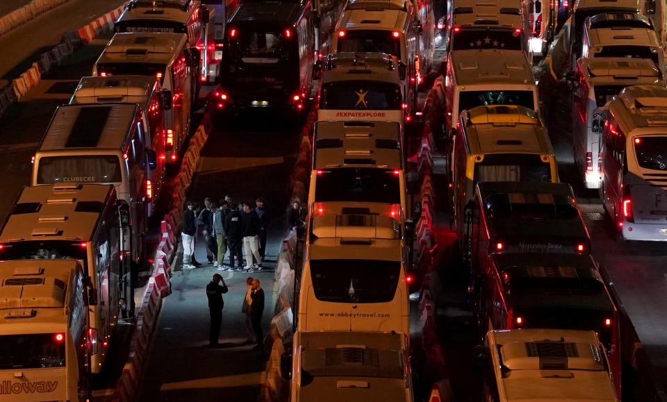 Coaches wait in to the evening to enter the Port of Dover in Kent after extra sailings were run overnight to try and clear the backlog which has left passengers stuck in Easter traffic for hours. Picture date: Sunday April 2, 2023. (Photo by Gareth Fuller/PA Images via Getty Images)