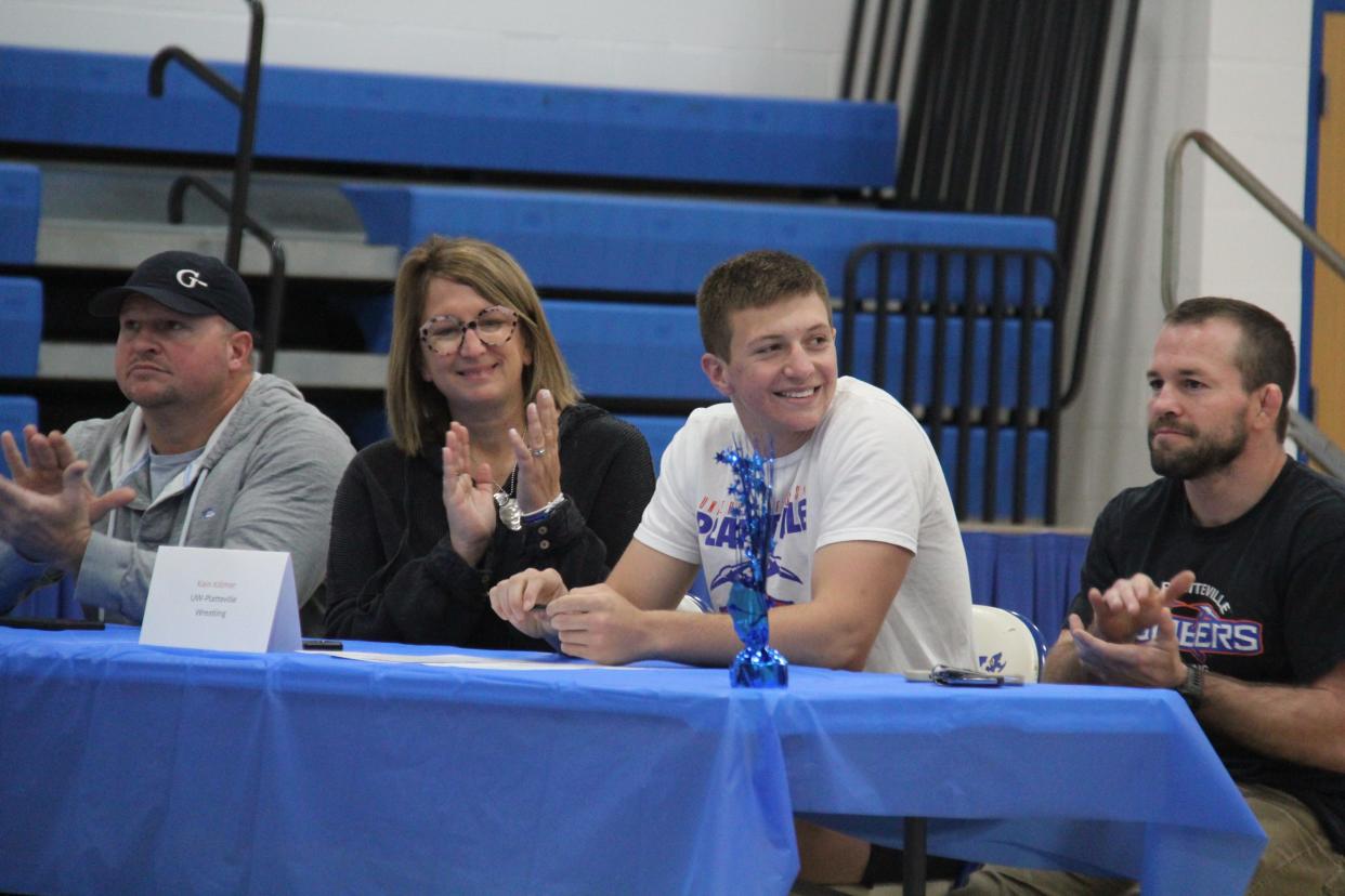 Kain Killmer is introduced during a celebratory signing day on Monday, May 6, 2024, in the Perry High School gym.