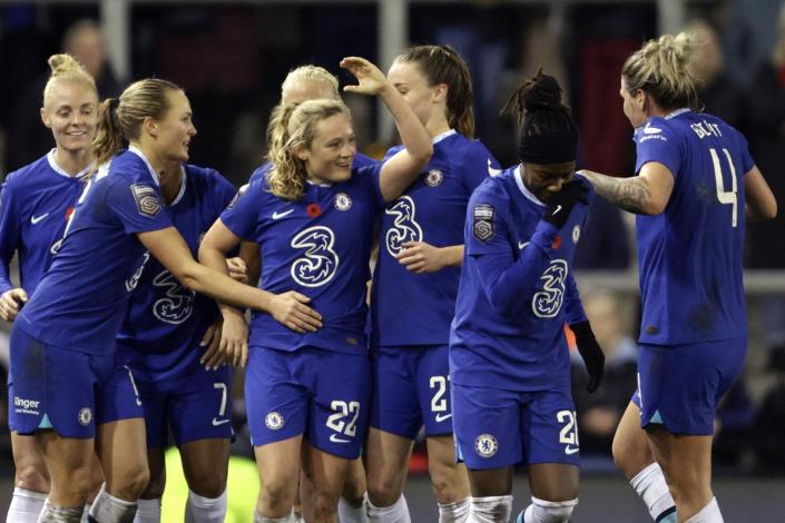 Erin Cuthbert is mobbed after her late goal for Chelsea (Richard Sellers/PA) (PA Wire)