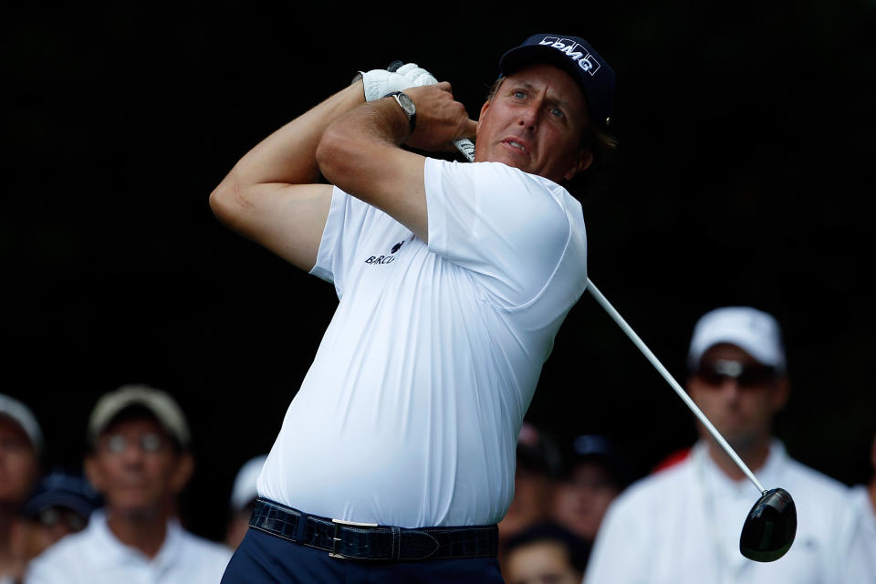 CARMEL, IN - SEPTEMBER 08: Phil Mickelson watches his tee shot on the second hole during the third round of the BMW Championship at Crooked Stick Golf Club on September 8, 2012 in Carmel, Indiana. (Photo by Chris Chambers/Getty Images)