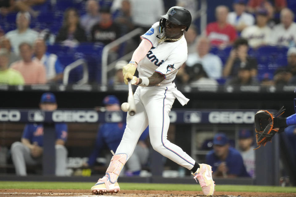 Miami Marlins' Jazz Chisholm Jr. grounds into a force out during the first inning of the team's baseball game against the New York Mets, Wednesday, Sept. 20, 2023, in Miami. (AP Photo/Lynne Sladky)