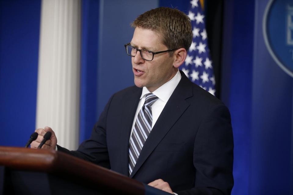 White House press secretary Jay Carney briefs reporters at the White House in Washington, Thursday, May 1, 2014. Carney opened the daily briefing with a question about sexual assaults in the military. (AP Photo/Charles Dharapak)
