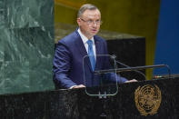 Poland's President Andrzej Duda addresses the 76th Session of the United Nations General Assembly, Tuesday, Sept. 21, 2021 at U.N. headquarters. (AP Photo/Mary Altaffer, Pool)
