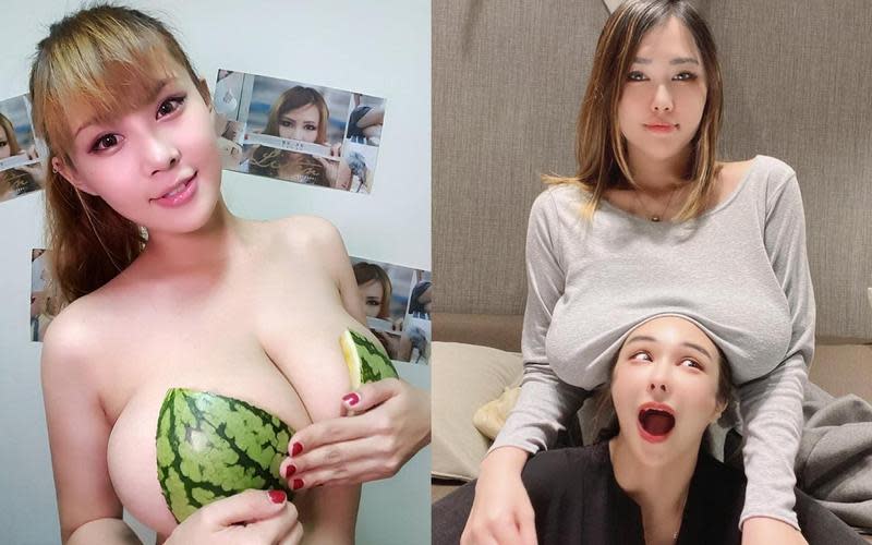 2顆西瓜打到頭上是什麼感覺呢？寫真女星洪蓉將I罩杯巨乳強壓友人頭上。（翻攝自洪蓉臉書）