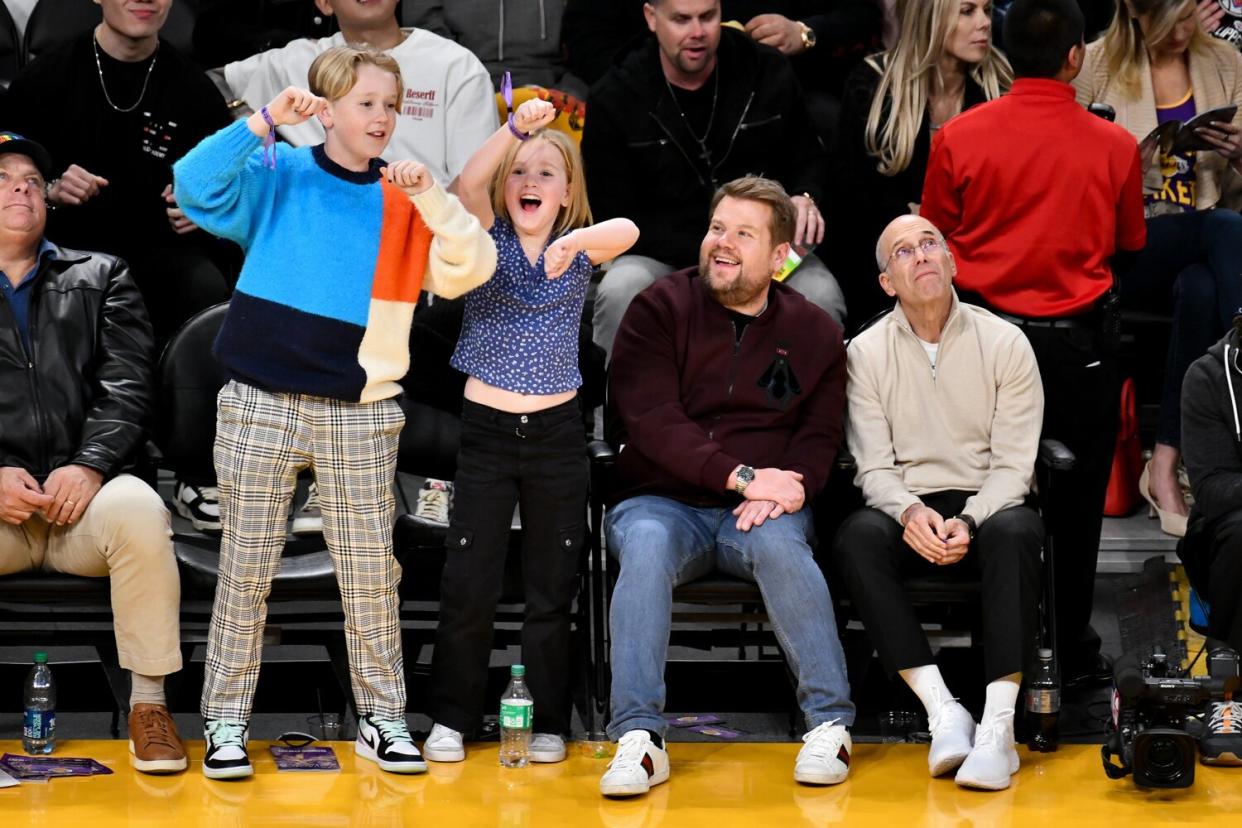 James Corden and kids at Lakers game